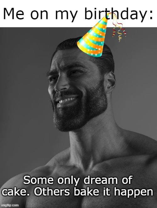 Muscular man in party hat celebrating birthday with cake quote.