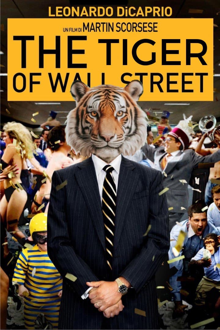 A tiger-headed businessman at a chaotic Wall Street party.