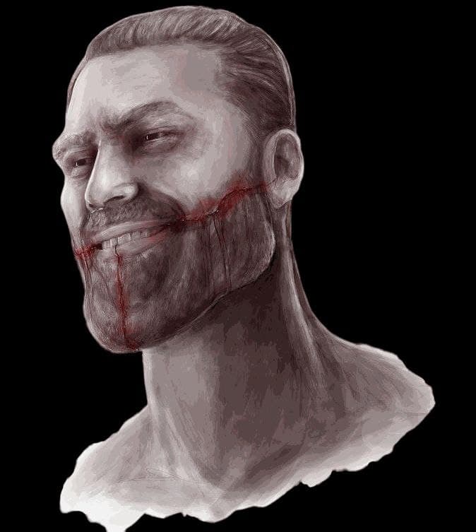 Intimidating man with a bloodied grin and rugged features.