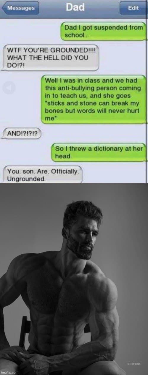Comic dialogue about a student suspended for throwing a dictionary.