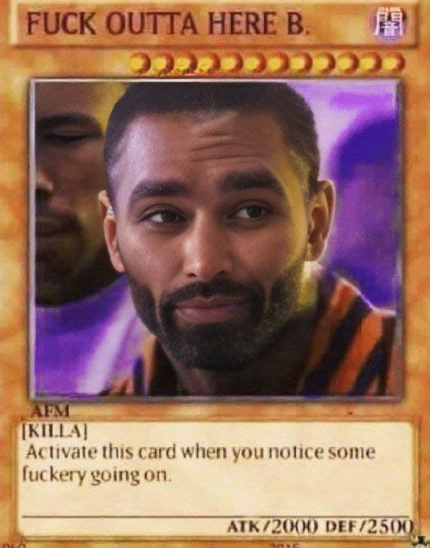 Card showing a man smirking and a humorous caption.