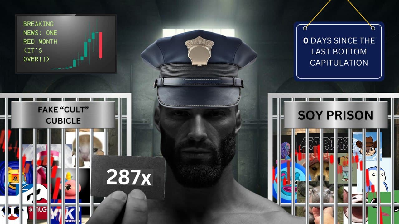 Muscular man in police hat holding a card in a meme-themed prison.