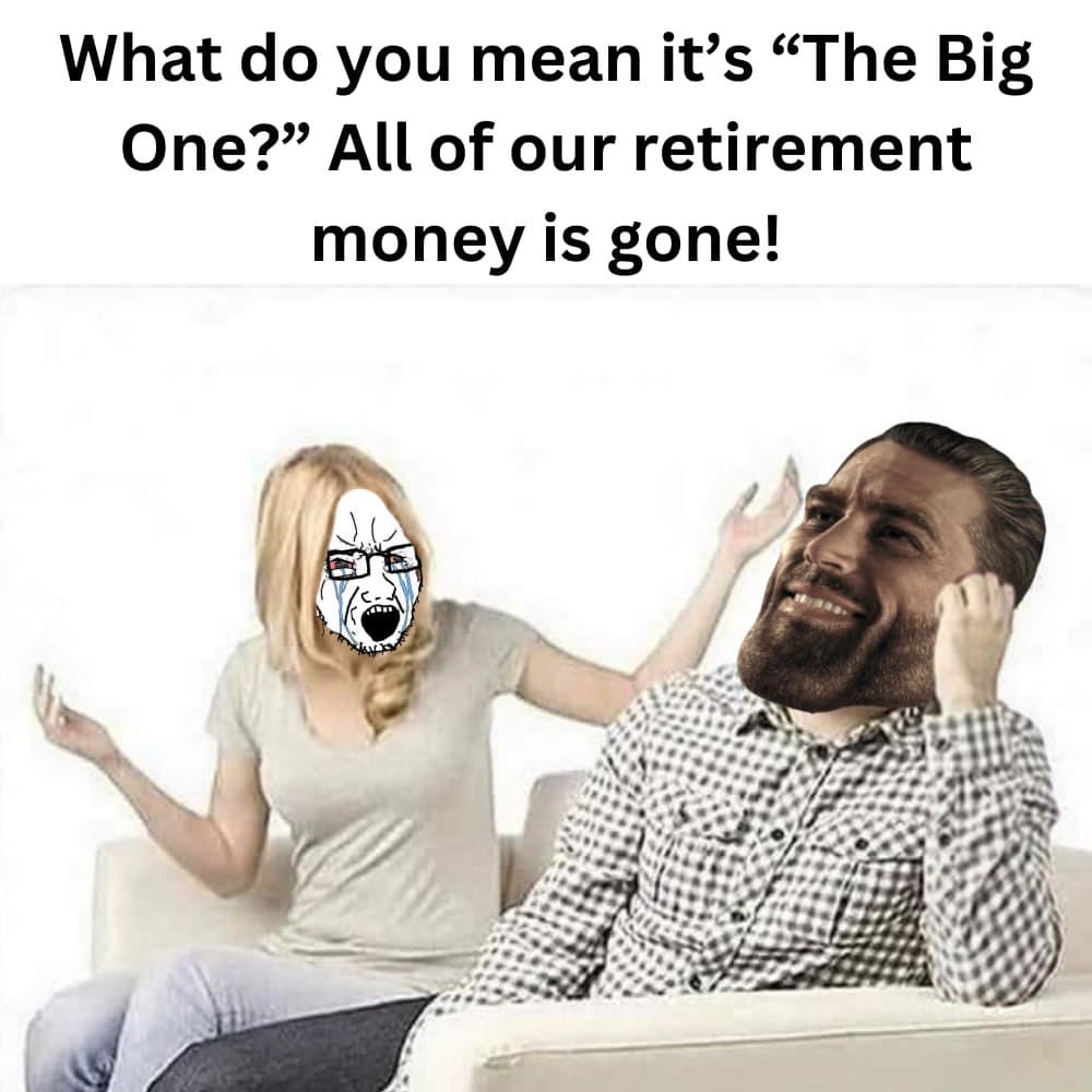 A woman angrily discusses lost retirement money with a relaxed man.