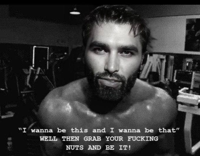 Motivational message from a muscular man in a gym setting.