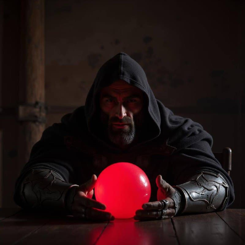 A mysterious figure with a red orb in a dark setting.
