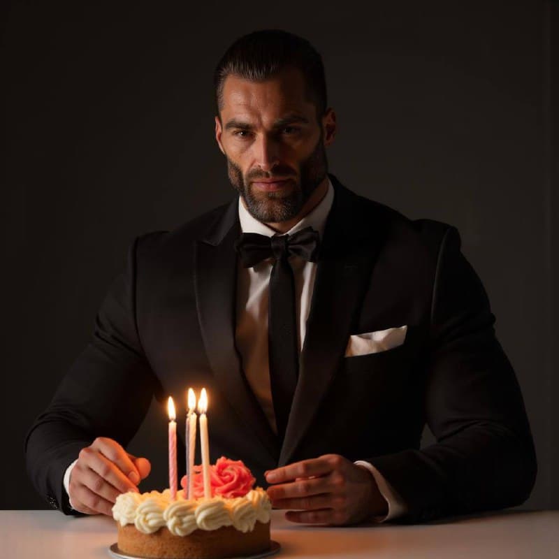 Muscular man in tuxedo with birthday cake and candles.