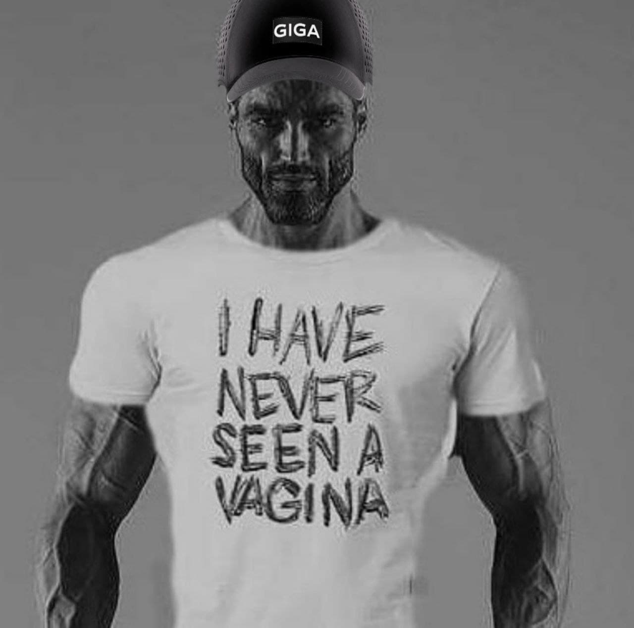 Muscular man in a GIGA cap with a provocative shirt text.