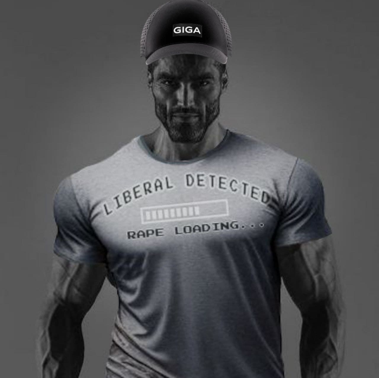 Muscular man in gray shirt with provocative message and cap.