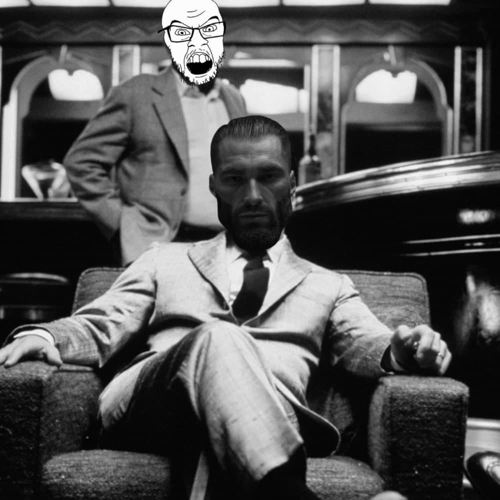 GigaChad sitting confidently with shocked figure behind.
