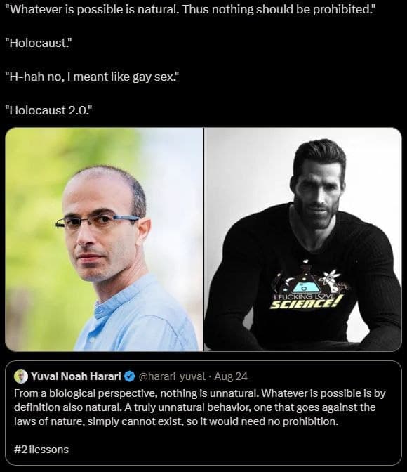 A split image with a philosopher and a muscular man debating.