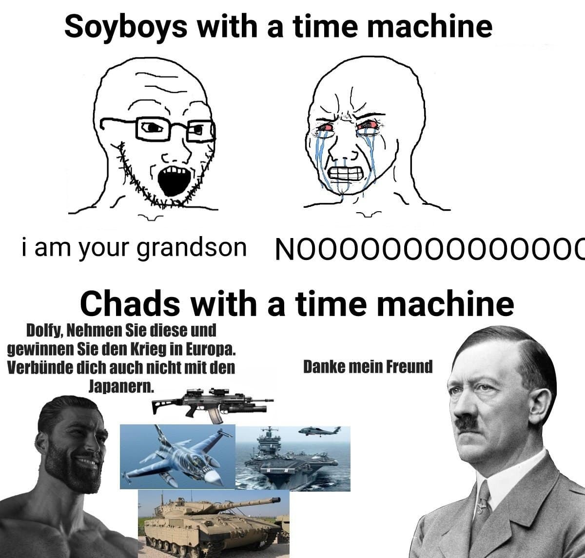 Contrast between soyboys and Chads using a time machine.