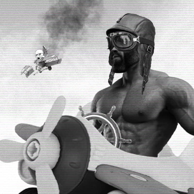 Muscular pilot commands plane with cartoon character flying nearby.