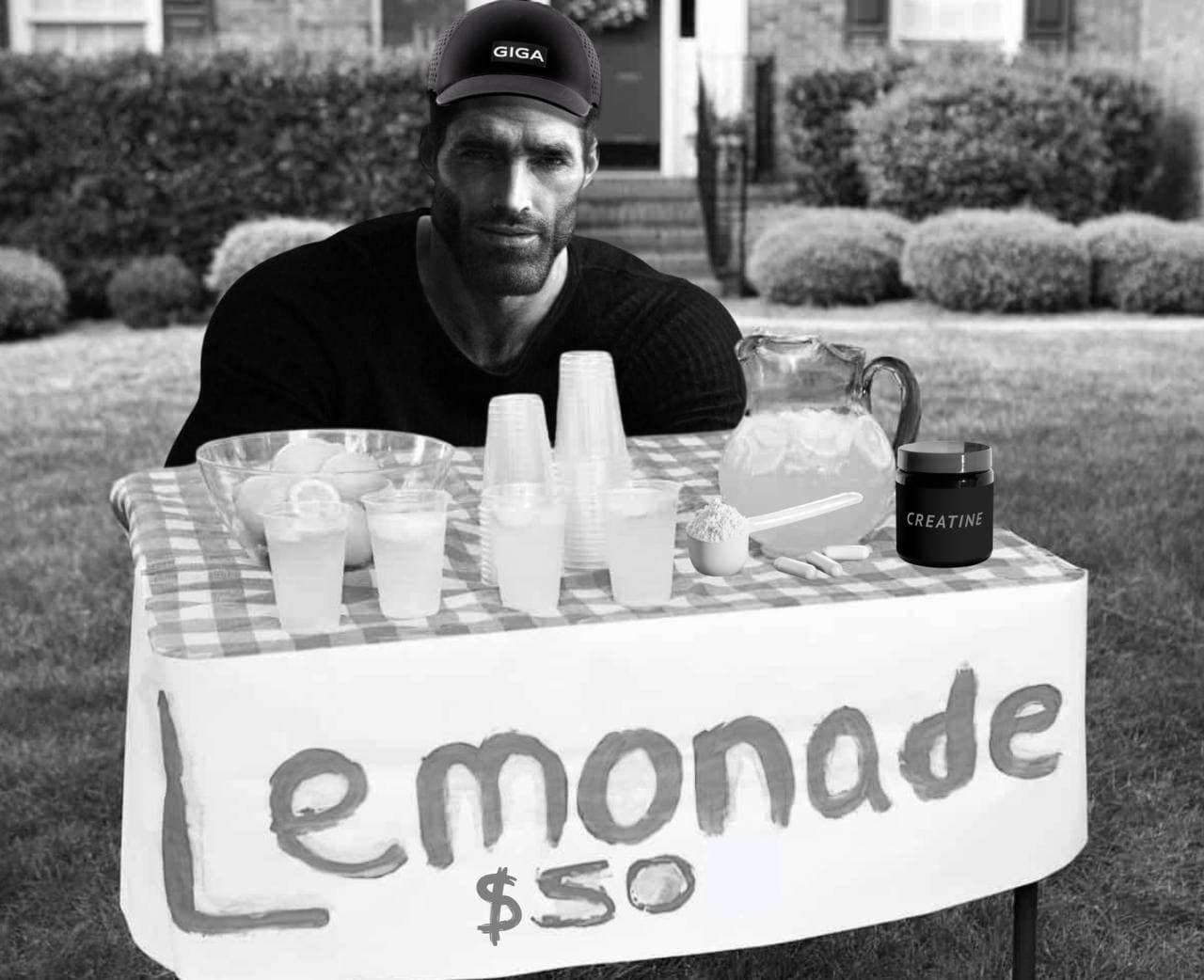 GigaChad running a lemonade stand with creatine.