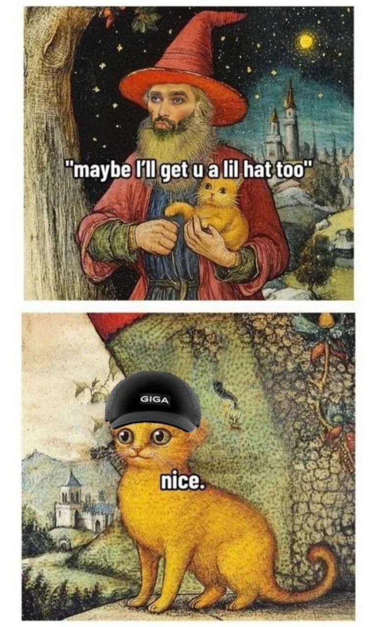 Wizard and cat humorously discussing hats.