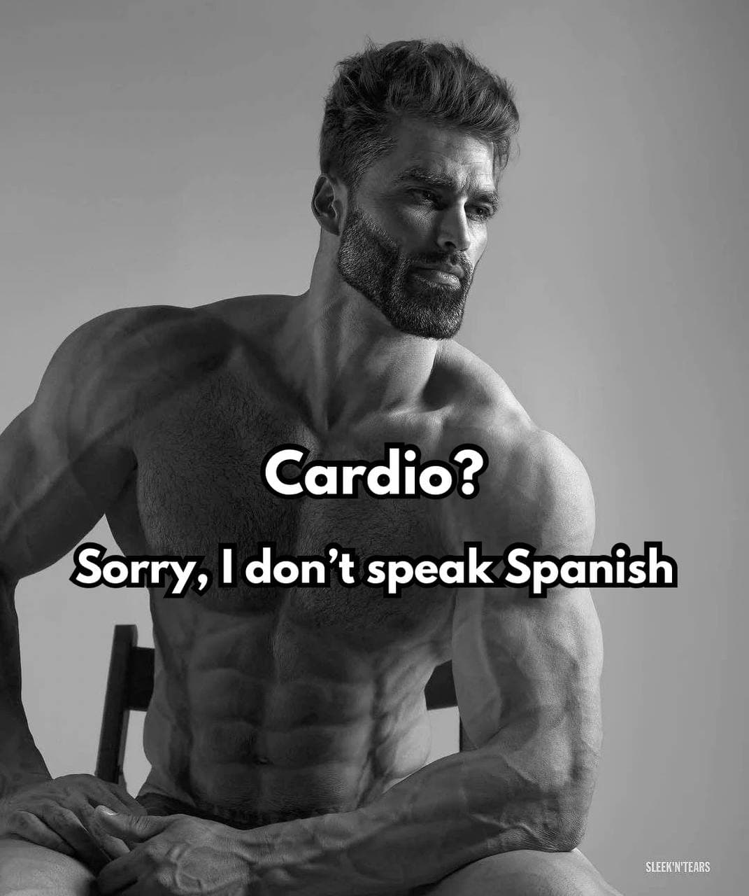 Muscular man humorously rejects cardio with a clever phrase.