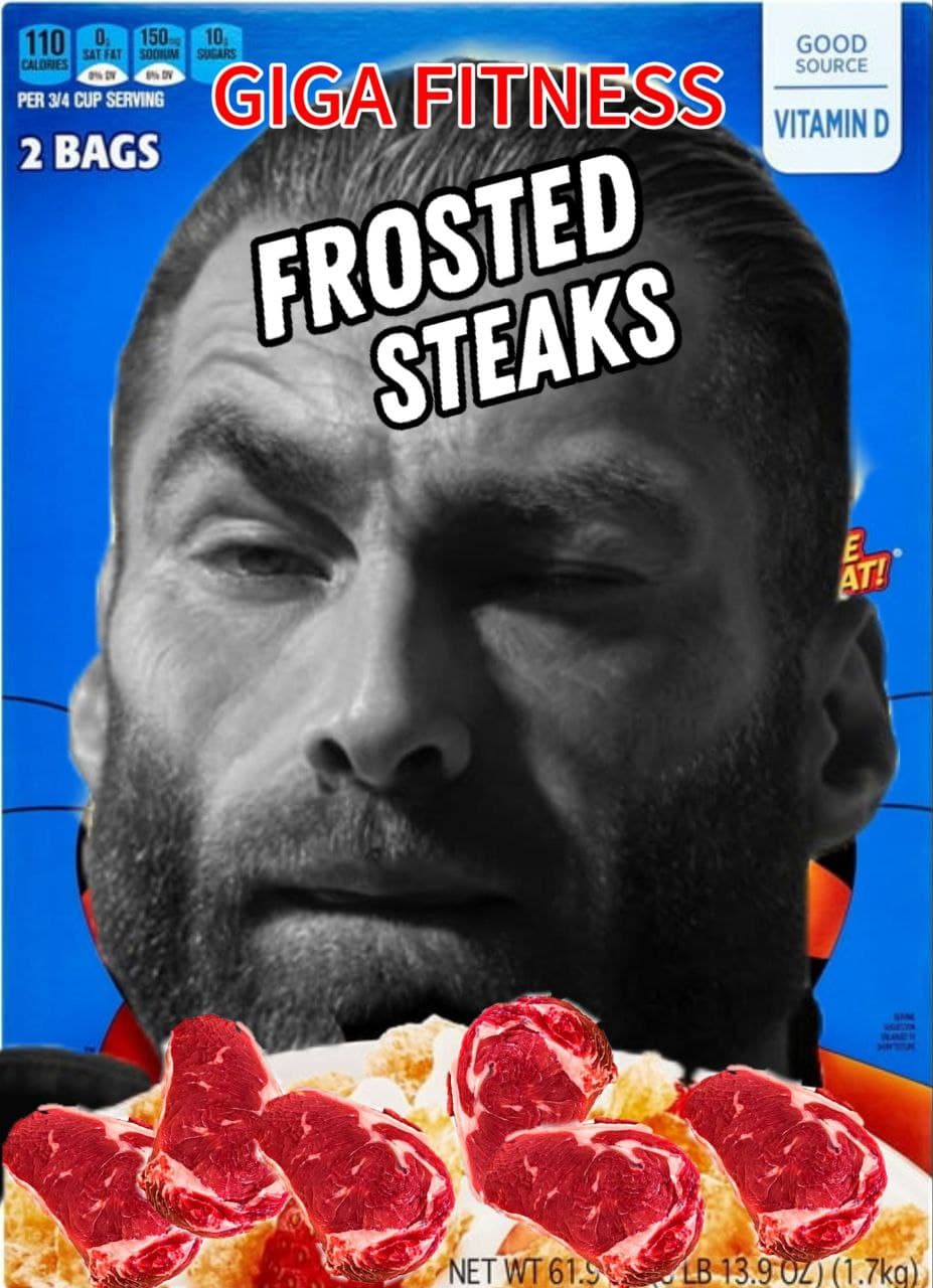 Muscular man on box of Frosted Steaks, humorous take on fitness.