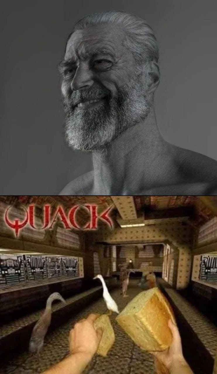 Elderly man and chaotic duck-themed video game scene.