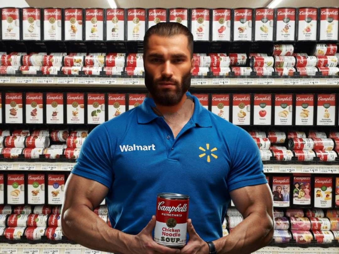 Muscular man in Walmart shirt holding soup can.