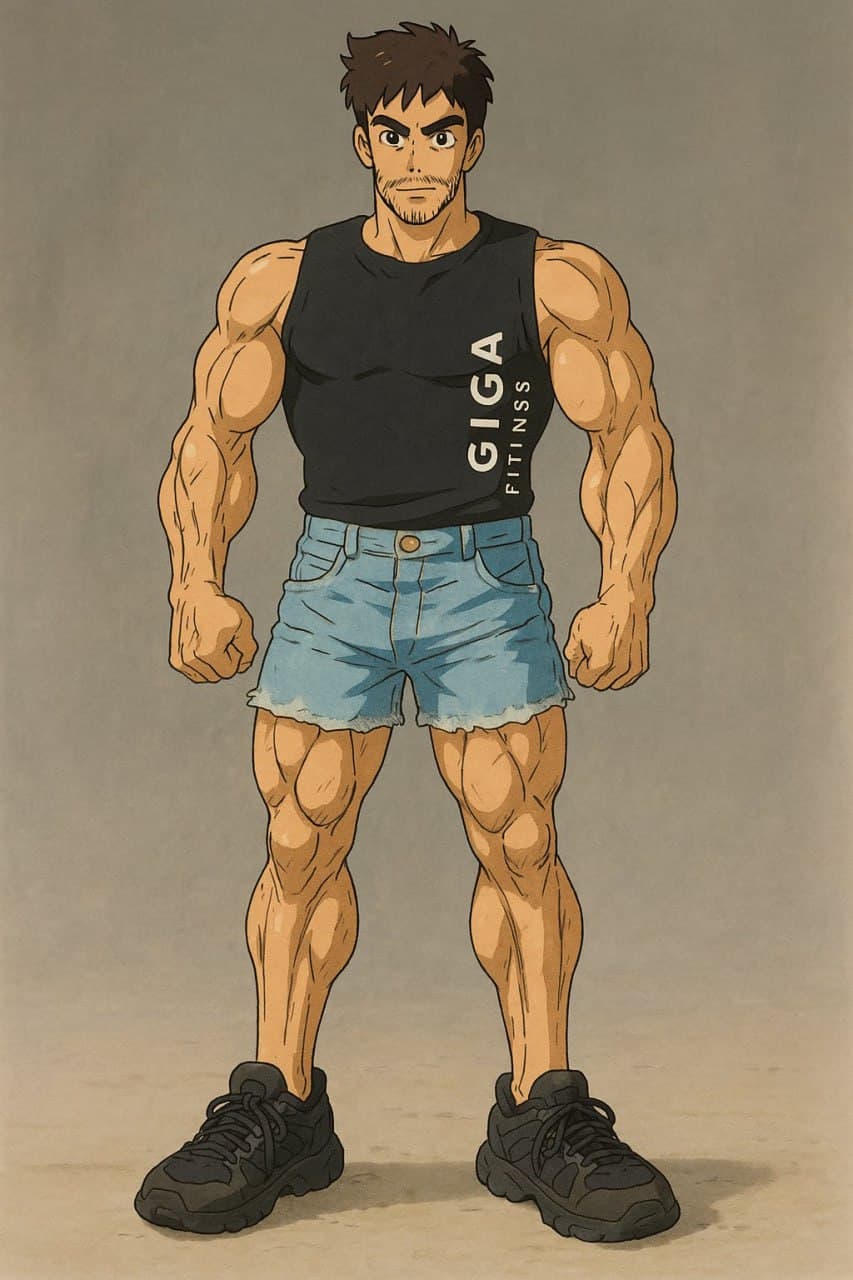 Muscular cartoon character in tank top and shorts.