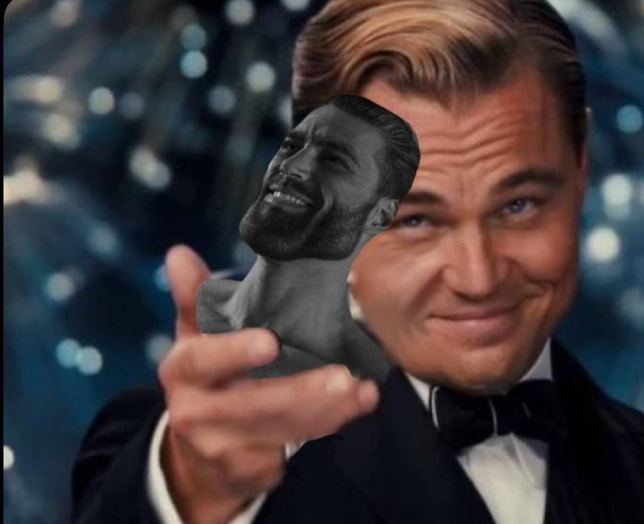 Leonardo DiCaprio playfully holds a GigaChad figure.
