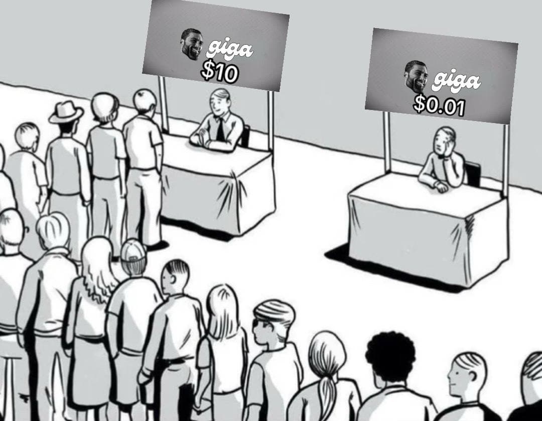Crowd choosing between two booths with different prices.