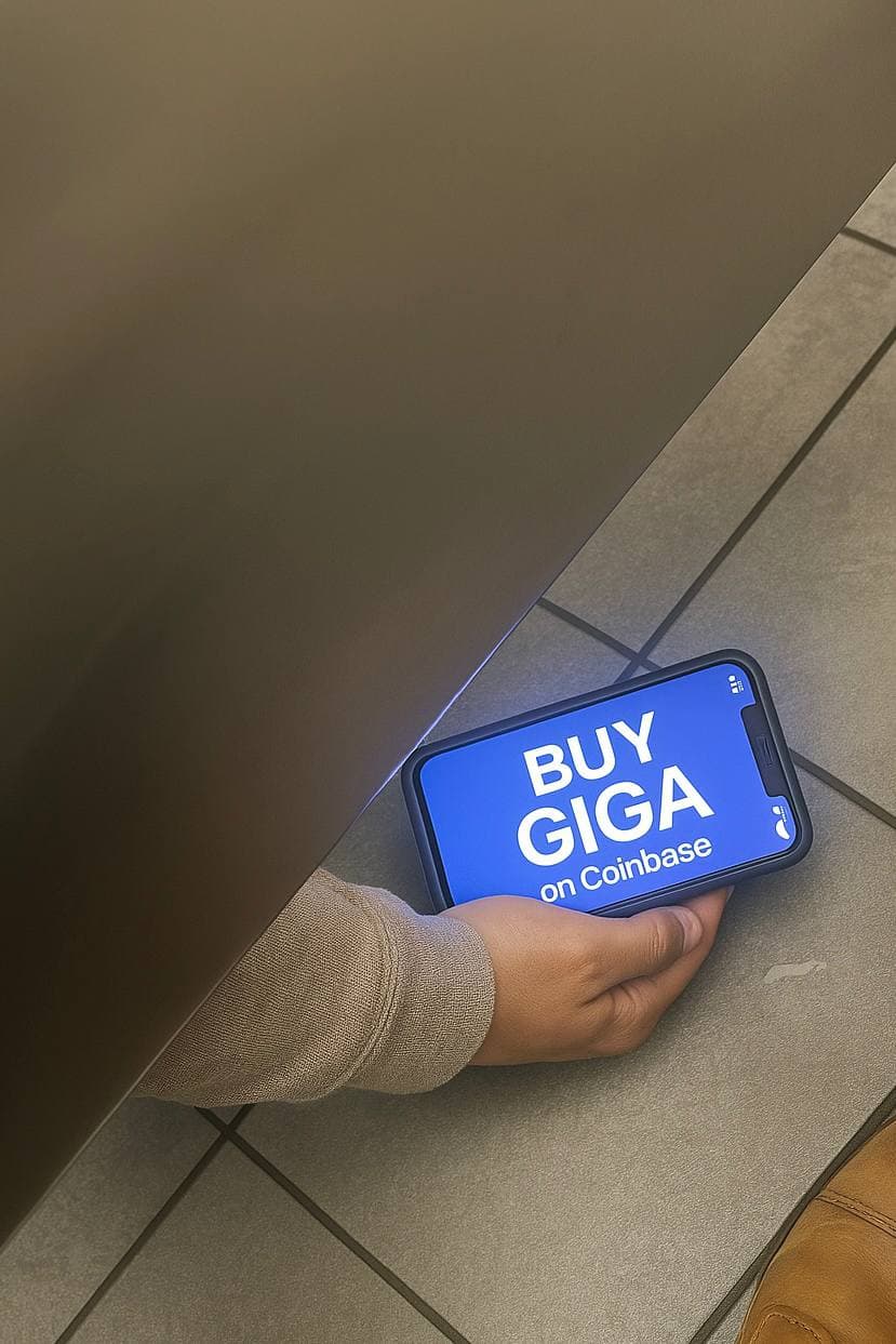 Hand holding phone advertising GIGA cryptocurrency in bathroom stall.