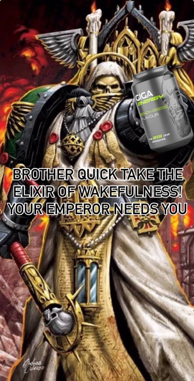 Warlord urging for 'GIGA ENERGY' drink in a dramatic scene.