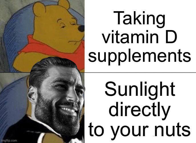 Humorous comparison of vitamin D sources in meme format.