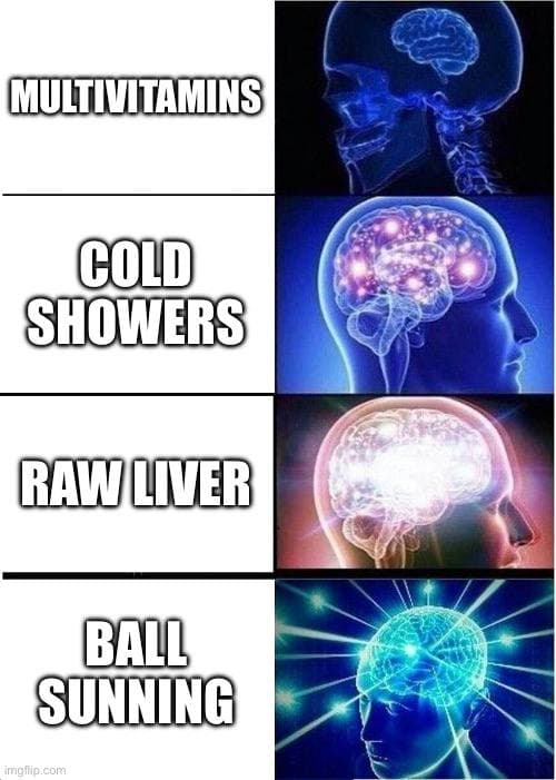 Four brain images with increasing ridiculous health practices labeled.
