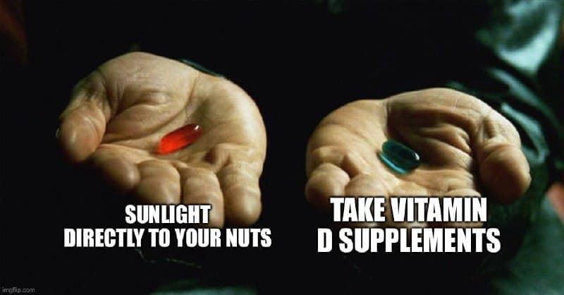 Two hands hold pills labeled sunlight and vitamin D supplements.