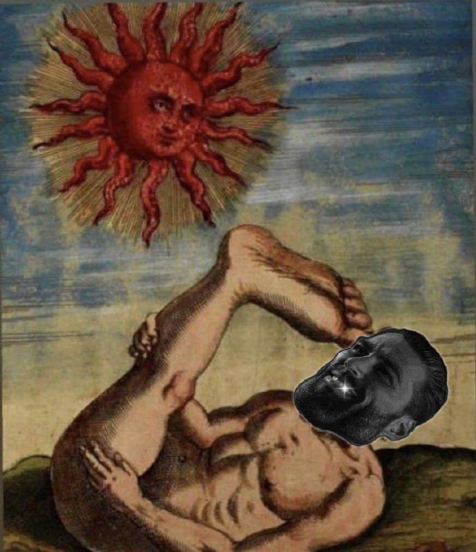 Muscular man bending backward with a sun above.