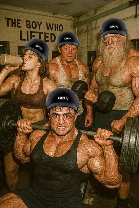 Group of muscular bodybuilders in GIGA hats lifting weights.