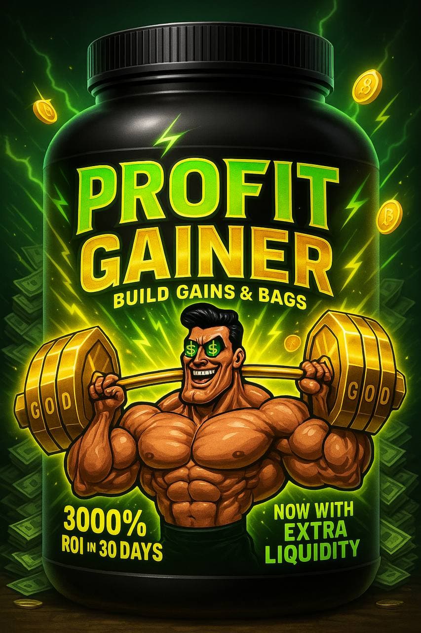 Cartoon muscleman promotes 'Profit Gainer' supplement for huge profits.