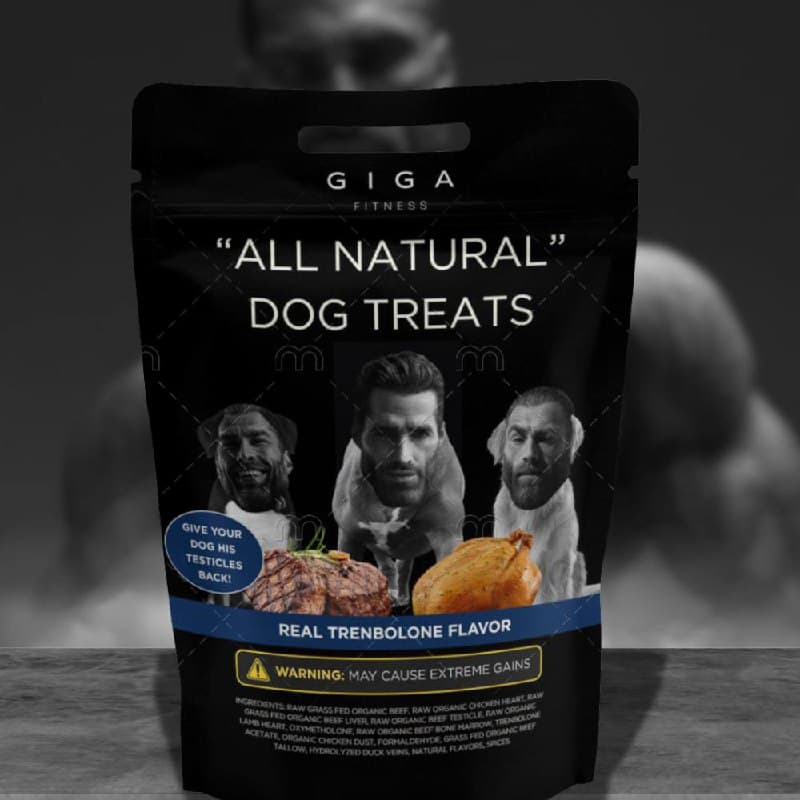 Humorous dog treat bag with muscular men and absurd claims.