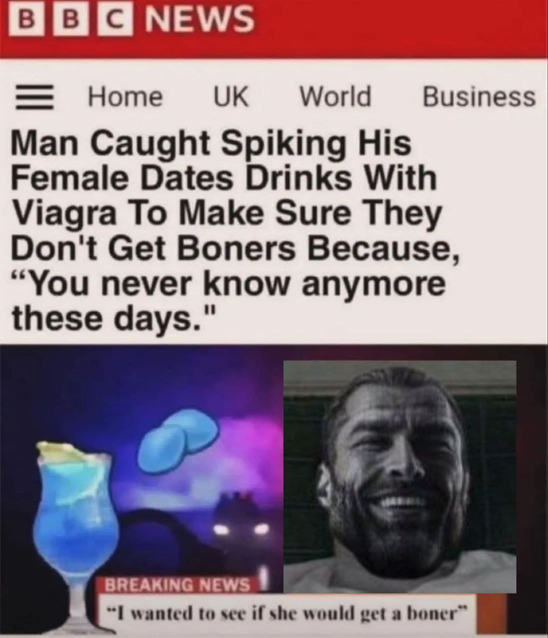 Meme about a man spiking drinks with Viagra humorously.