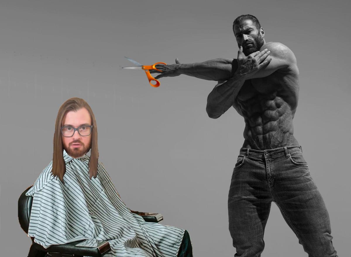 Muscular man threatens another with scissors in a humorous setting.