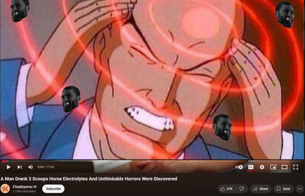 A man in distress surrounded by GigaChad faces.