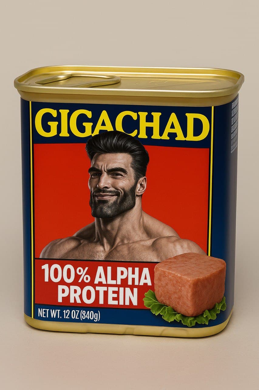 Can of GIGACHAD protein featuring a muscular man.
