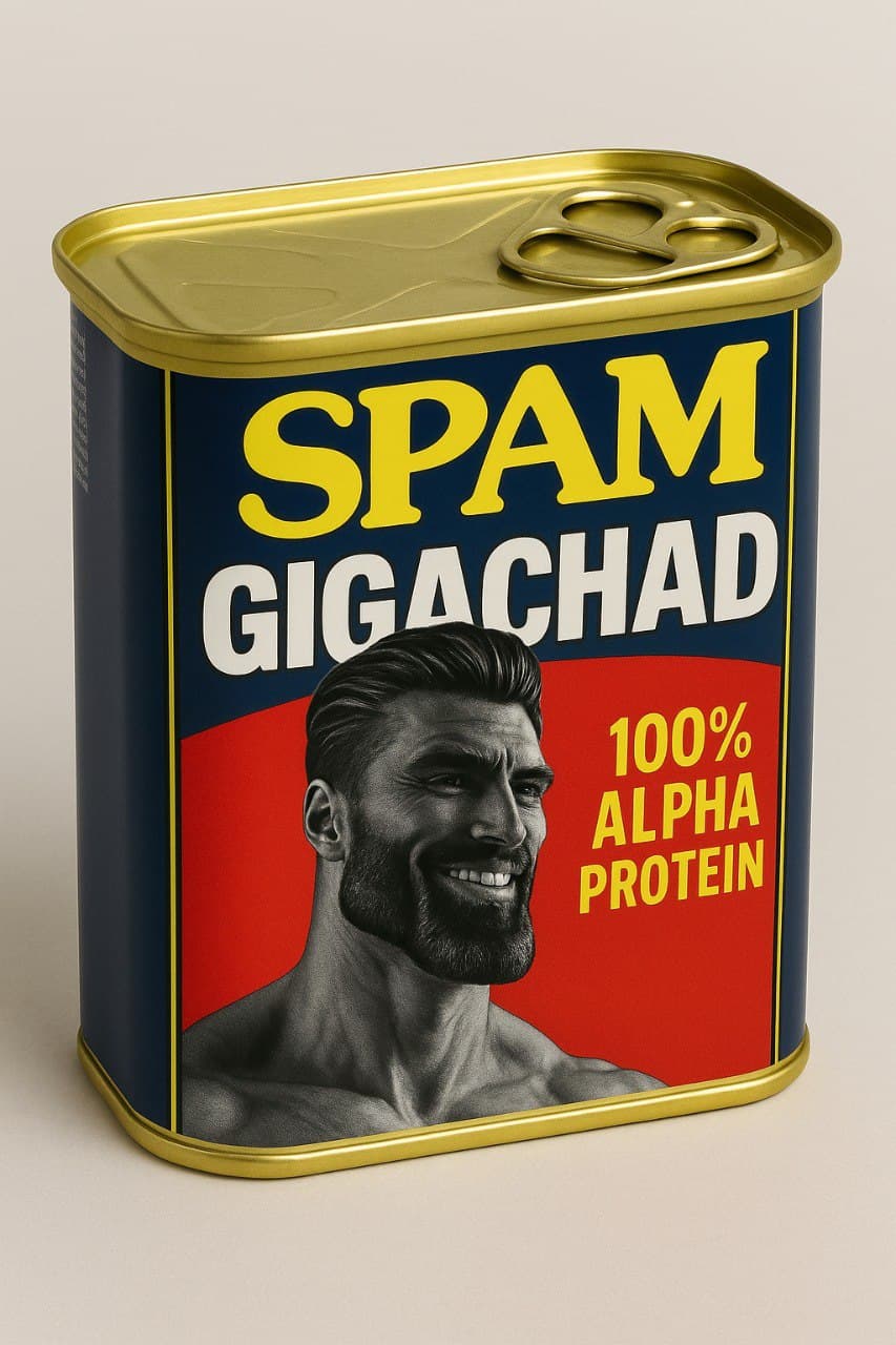Can of GigaChad Spam with muscular man and alpha protein label.