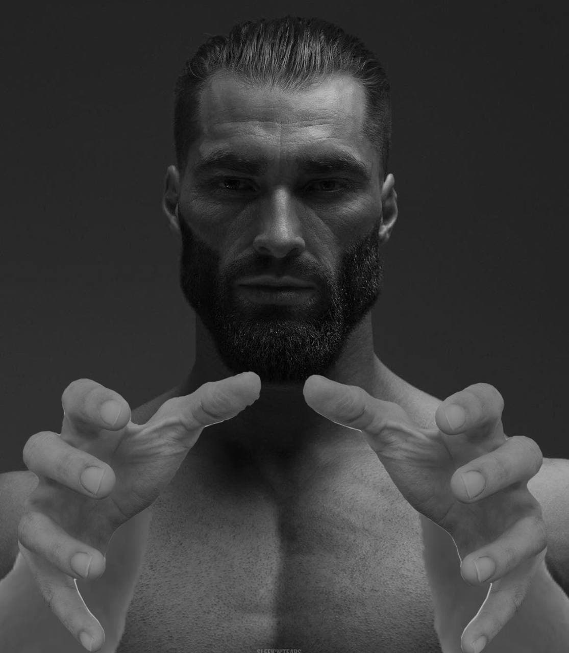 A muscular man extends his hands dramatically against a dark background.