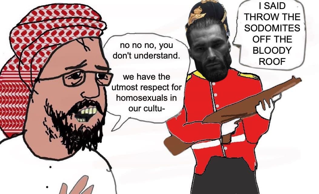 A soldier and man arguing about cultural respect humorously.