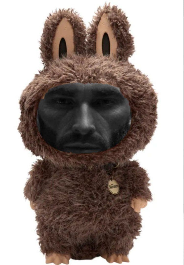 Man's serious face in bunny costume plush toy.