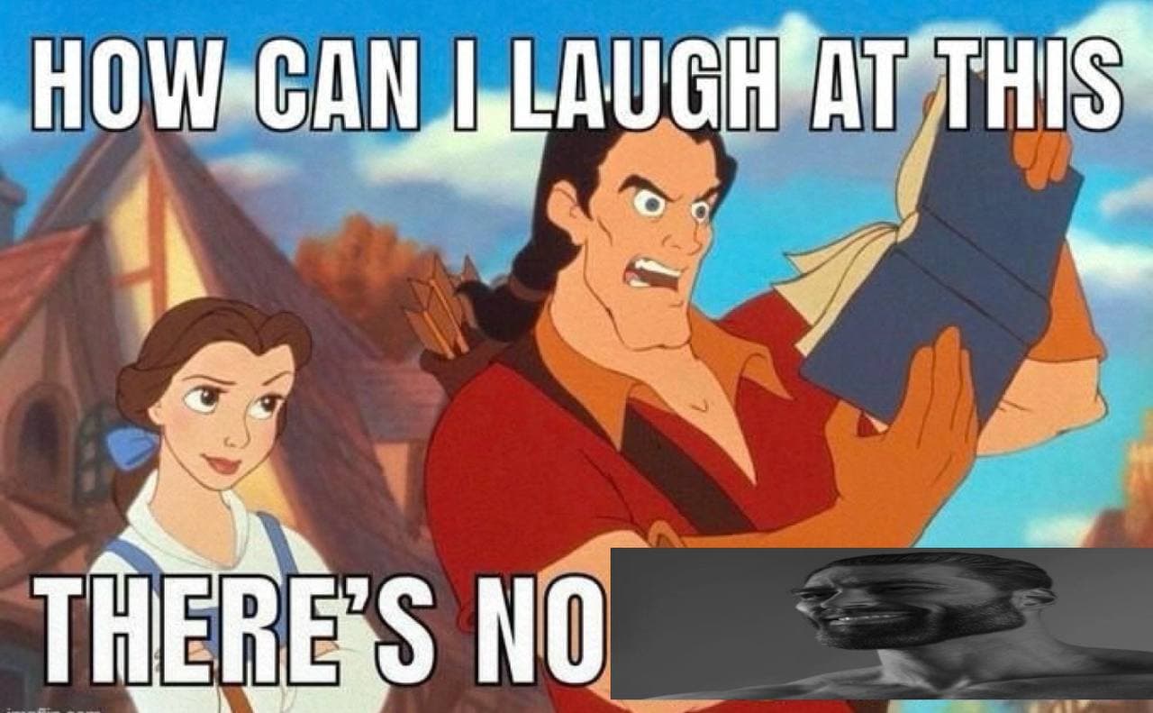 Gaston is frustrated over a book, while Belle looks skeptical.