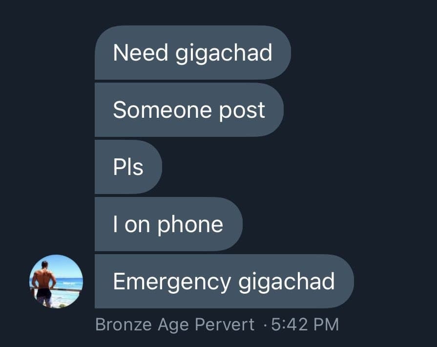 Chat message requesting GigaChad image for urgent need.