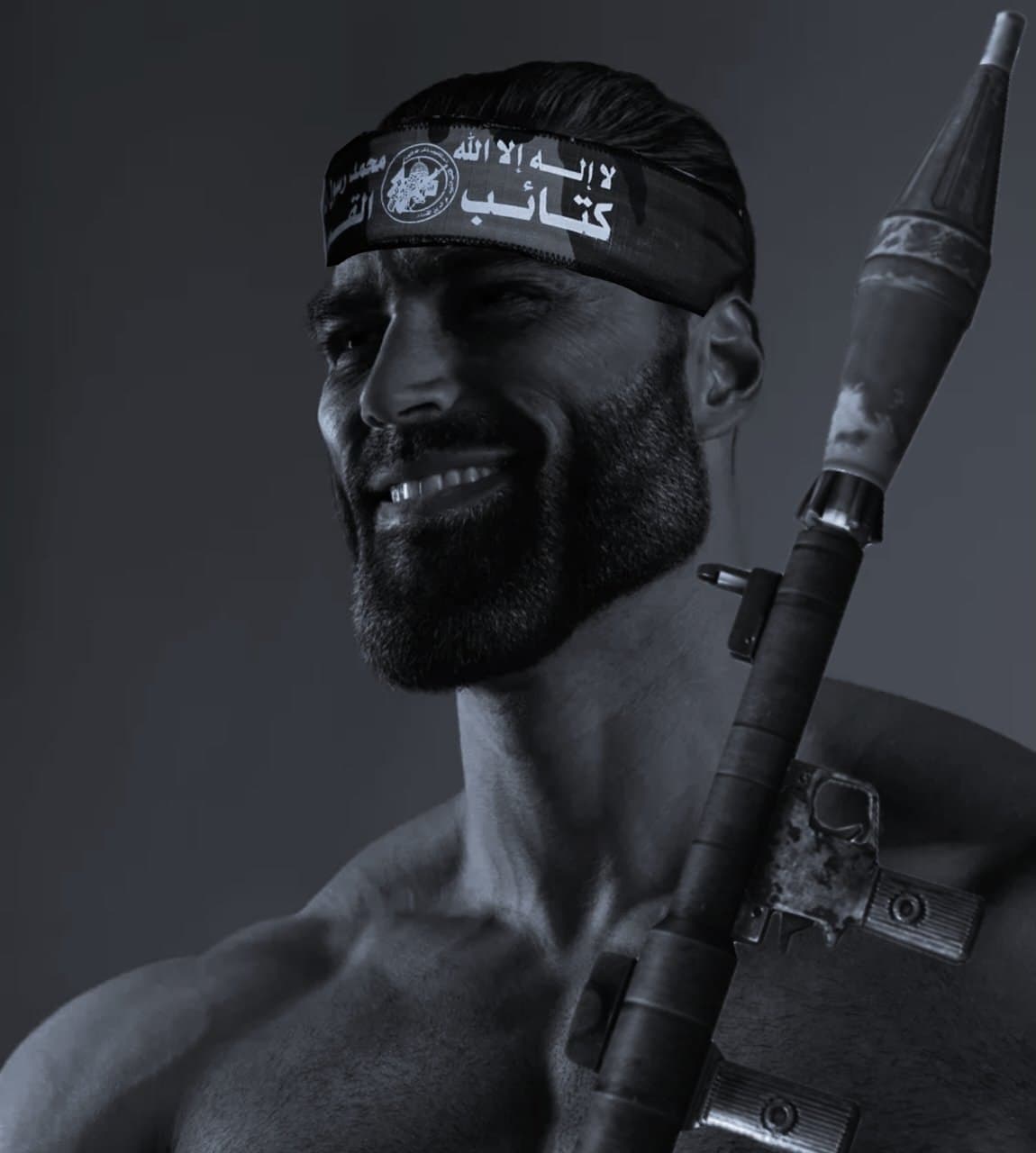 Muscular man with headband and weapon, looking confident.