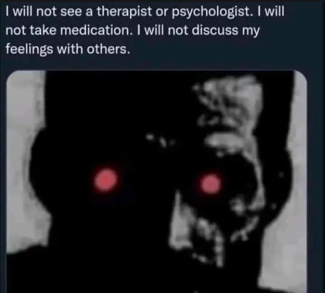 Silhouette of a face with red eyes, rejecting therapy.