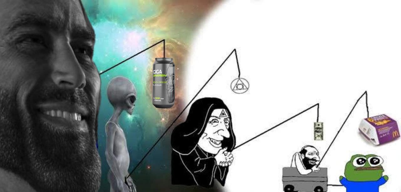 Meme illustrating connections between characters and themes in a cosmic setting.