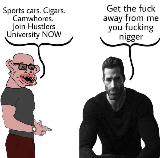 Cartoon man promotes Hustlers University, muscular man reacts negatively.