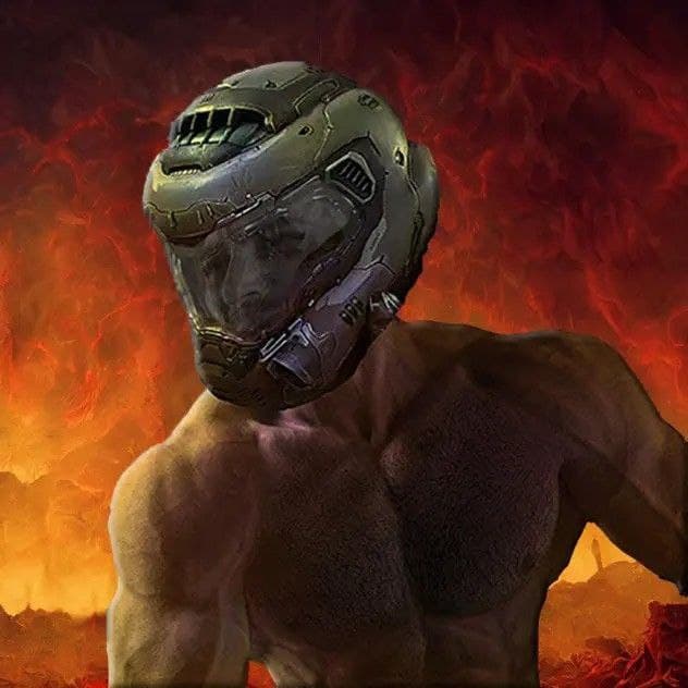 Muscular figure with a helmet in a fiery background.