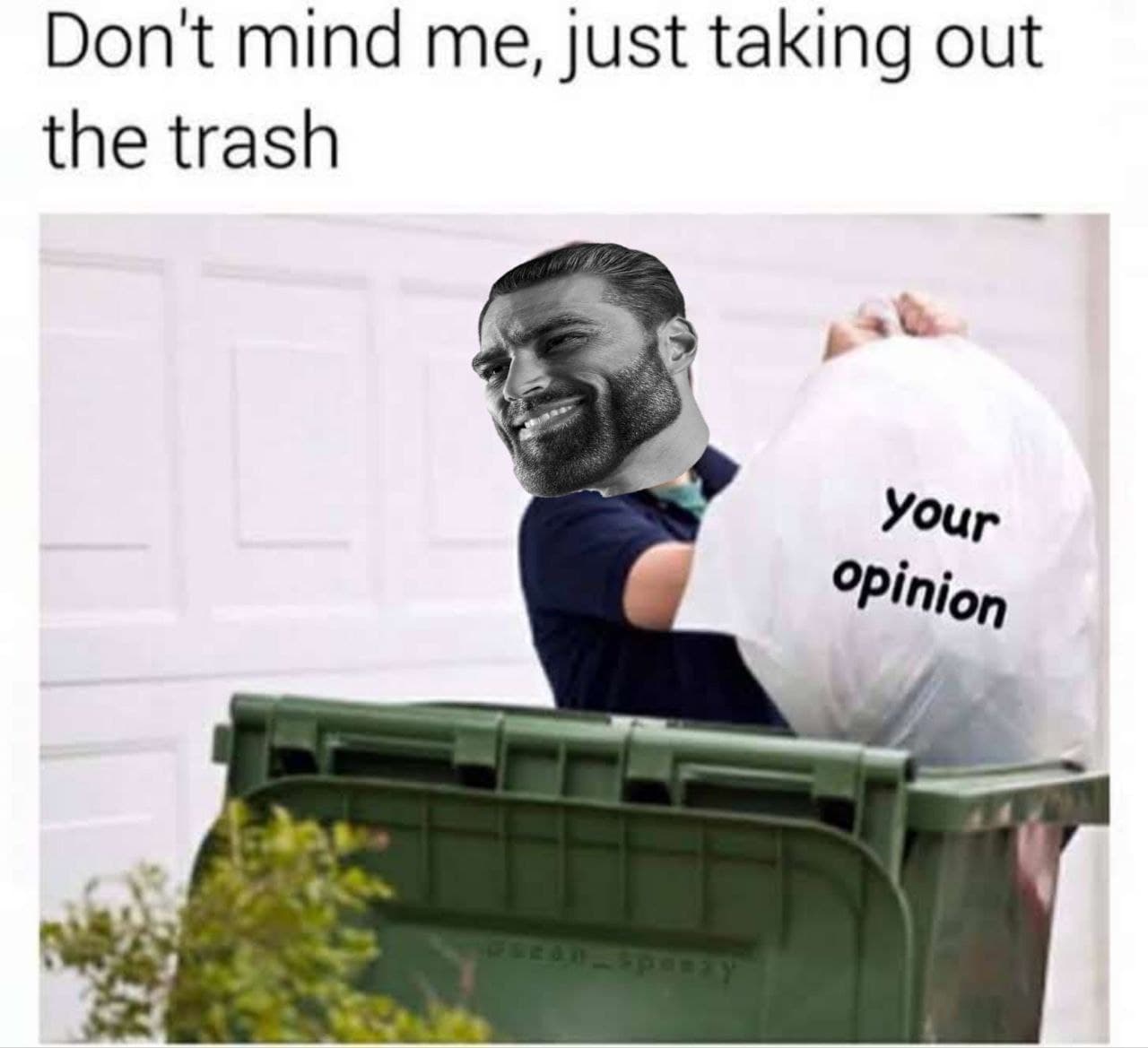 Man throwing away a bag labeled 'your opinion'.